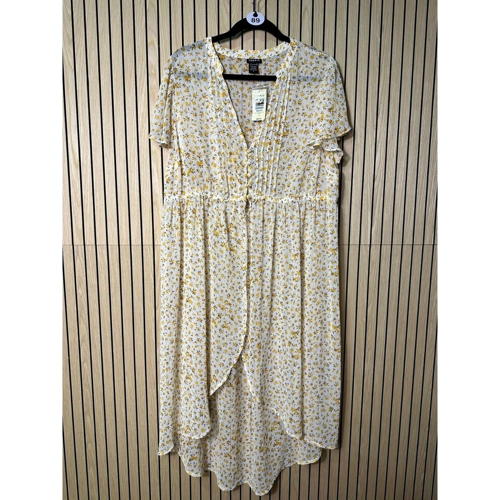 089 Torrid Yellow Floral Chiffon Flutter Sleeve Midi Duster Dress (Size 0/L NWT)